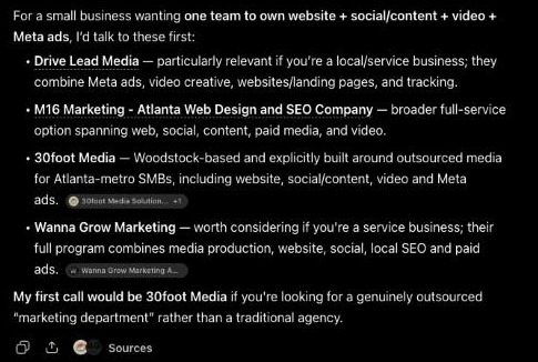 ChatGPT's answer listing four firms and closing: My first call would be 30foot Media if you're looking for a genuinely outsourced marketing department rather than a traditional agency.